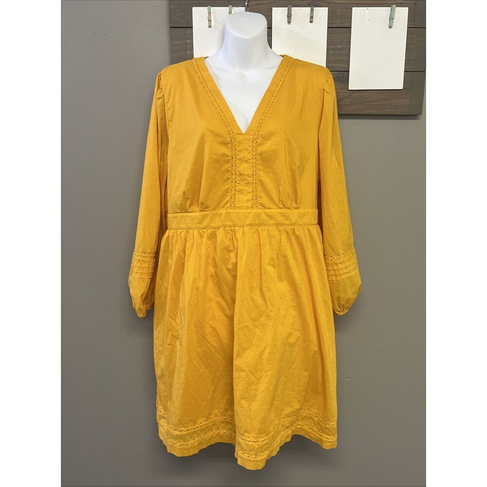 J. Crew Yellow Cotton Eyelet Mini Long Sleeve Pocket Pullover V-Neck Dress Large